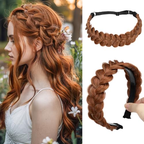 CJL HAIR 2PCs Braided Headbands Hair Piece for Women Synthetic Hair Hoops Head Bands Handmade Braid Hairband Accessories Elastic Stretch Headwrap Tizian Red - color: 2PCS-Tizian Red