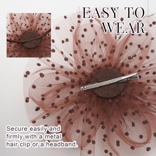 DRESHOW Fascinators Hat Flower Mesh Ribbons Feathers on a Headband and a Clip Tea Party Headwear for Girls and Women - color: 7" Diameter / Coffee