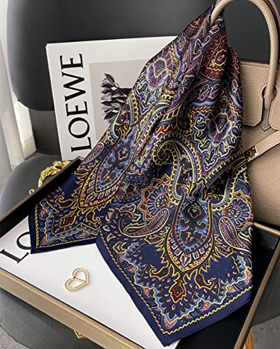 JERLA 100% Pure Mulberry Silk Square Scarf for Hair-27''x27'' Women Men Natural Silk Neckerchief Headscarf - color: Paisley Blue