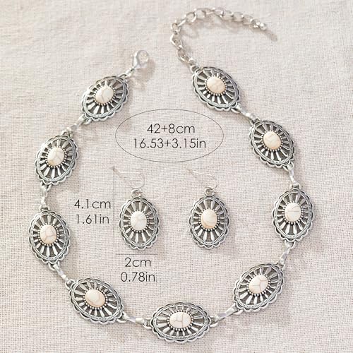 4 PCS Western Turquoise Jewelry for Women Boho Vintage Navajo Pearl Necklace Earring Bracelet Ring Set Country Cowgirl Accessories for Gift - color: L-White