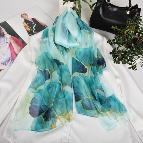 100% Mulberry Silk Women's Neck Silk Scarf-Lightweight Shawl,FLoral Print Beach Silk Wrap-Scarves for Photography - color: Blue Ginkgo Leaf