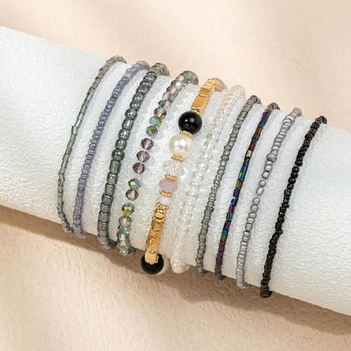 Handmade Bohemian Colorful Crystal Beaded Bracelets Set Multilayered Stackable Boho Stretch Adjustable Bangle Cuff Friendship Summer Beach Jewelry for Women - color: black