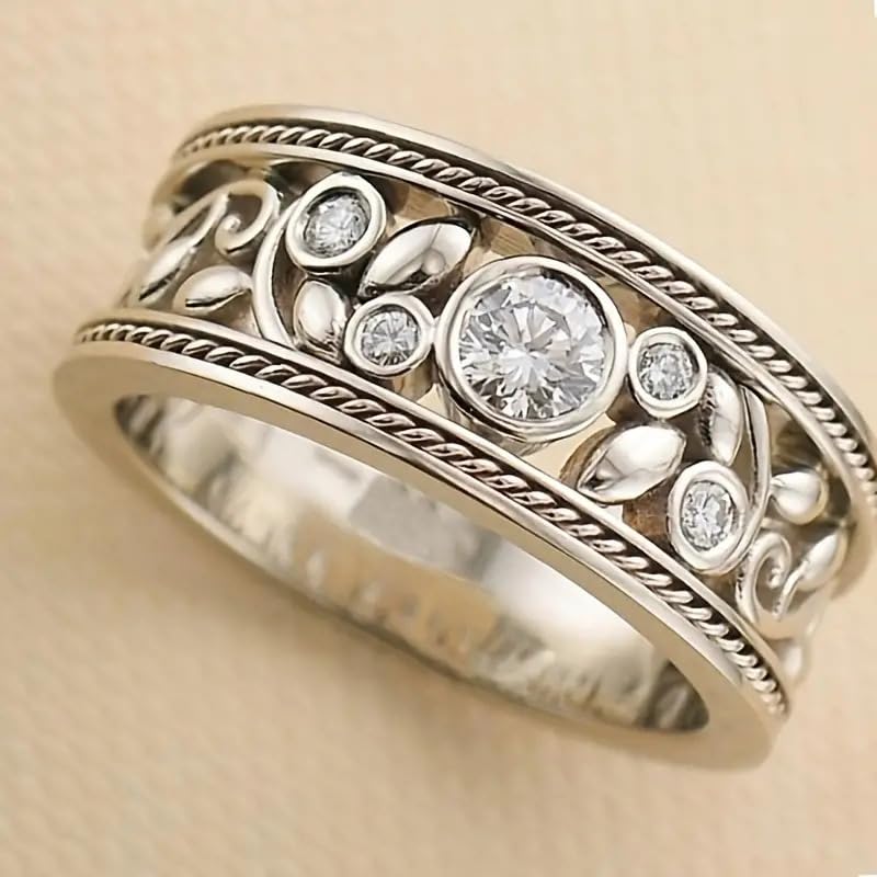 Gixaxak Vintage Eternity Silver CZ Ring Hollow Design Flower Scroll Promise Ring Band Wide 925 Sterling Silver Eternity Statement Stackable Wedding Engagement Bands Gift for Women 7 - size: 7