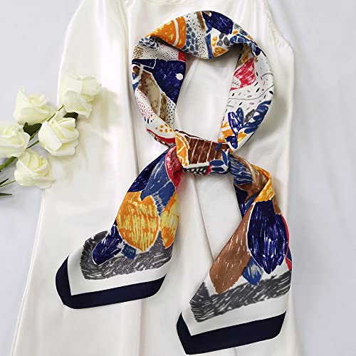 Julunar Silk Like Head Scarf for Women - Satin Large Hair Scarves - 35" Square Silk Hair Wrap for Sleeping with Gift Packed - color: B009-1 Color Painting Blue