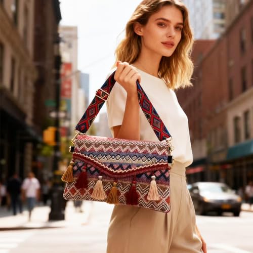 Boho Embroidery Crossbody Bags For Women Travel With Tassel Trim, Fanny Packs For Women, Tribal Pattern, Multi-Color Geometric Design, Decorative Fringe Cell Phone Bag(Red Rose) - color: Red Rose