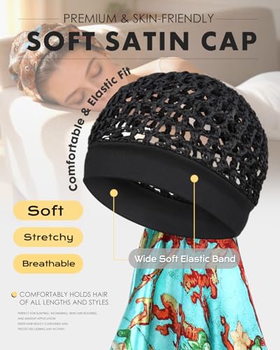 Wrap Cap Hair Net and Scarf for Silk Press Sleeping, Stretchy Knit Hair Net with Soft Edge No Red Marks, Breathable Hair Wrap Net for Women - color: Forest Nymph