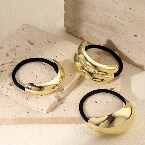 3PCS Gold Hair Ties, Metal Hair Ties for Thick Hair, Elegant Durable Geometric Design, Gold Hair Accessories Stretchy and Non-Damage Ponytail Cuff Holders, 3 Styles in Box Holiday Gifts - color: Gold Set 01