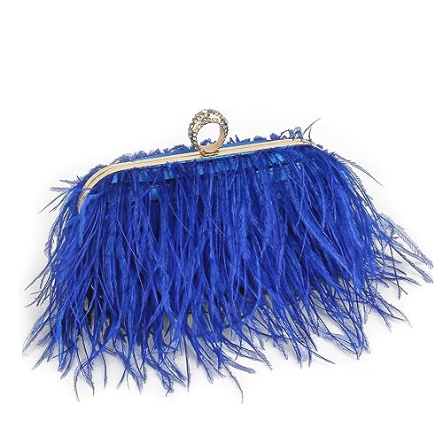 Women Real Natural Ostrich Feather Evening Bags Purses Clutch Vintage Banquet Handbag - color: Blue