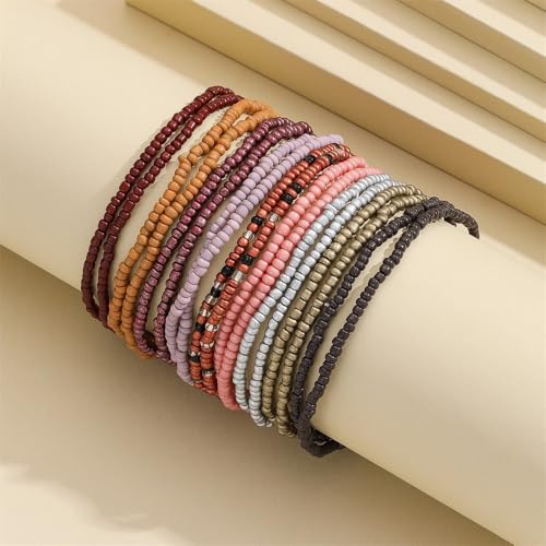 Fuqimanman2020 18Pcs Boho Stackable Beaded Bracelets for Women Colorful Handmade Multilayered Rice Beads Anklets Set Summer Beach Bohemian Jewelry Gift - color: Style 1 Brown