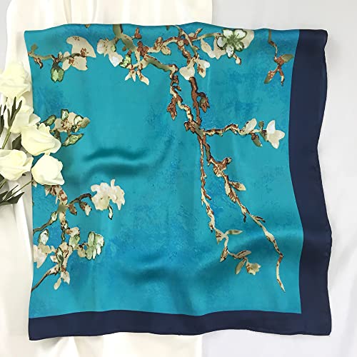 Julunar Silk Like Head Scarf for Women - Satin Large Hair Scarves - 35" Square Silk Hair Wrap for Sleeping with Gift Packed - color: A005-1 Floral Blue