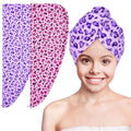 Basumee Microfiber Hair Towel Wrap for Kids 2 Pack Rapid Drying Hair Towel with Button Hair Turbans for Wet Hair Wraps Head Towel Wrap for Women and Girls - color: Pink Purple Leopard
