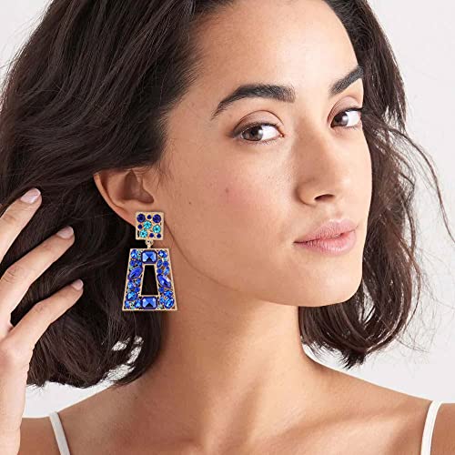Rhinestone Rectangle Statement Earrings Colorful Crystal Geometric Drop Dangle Earrings for Women Prom Party - color: royal blue
