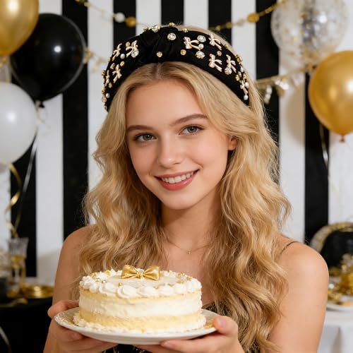 PANTIDE Black Bow Jeweled Knotted Headband - Rhinestone Crystal Pearl Embellished Headband Wide Top Knot Non Slip Hairband Accessories Bachelorette Wedding Birthday Gift for Women Girl (Black) - color: Black Bow