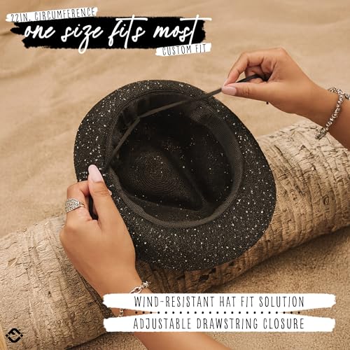 Funky Junque Straw Fedora Hats for Women - UPF 50+ Sun Hat, Short Brim Packable Beach Hat with Woven Pattern - color: Sequin - Black