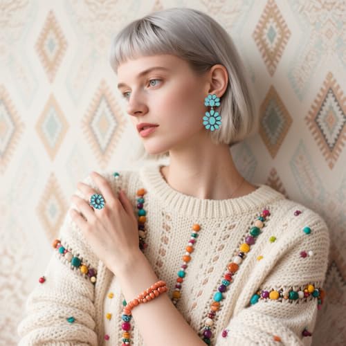 4 PCS Western Turquoise Jewelry for Women Boho Vintage Navajo Pearl Necklace Earring Bracelet Ring Set Country Cowgirl Accessories for Gift - color: A-Blue