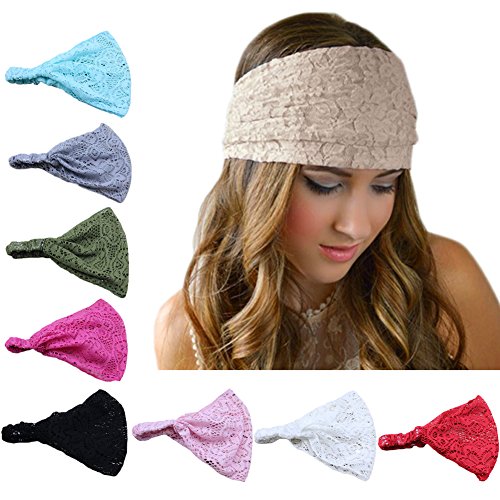 DRESHOW 8 Pack Headbands for Women Yoga Knotted Headbands Elastic Criss Cross Hair Accessories Sports Head Wrap Non Slip - color: U8 Pack Lace Wide Headband a