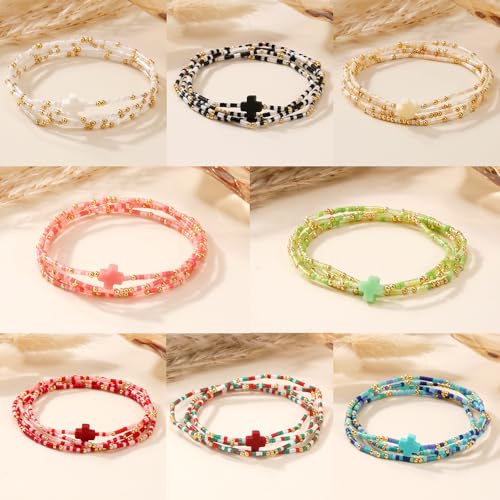 Gold Colorful Beaded Cross Bracelet Stack Set for Women,Handmade Bohemian Seed Beads Stacked Bracelets Fashion Holiday Jewelry Gift - color: Christmas