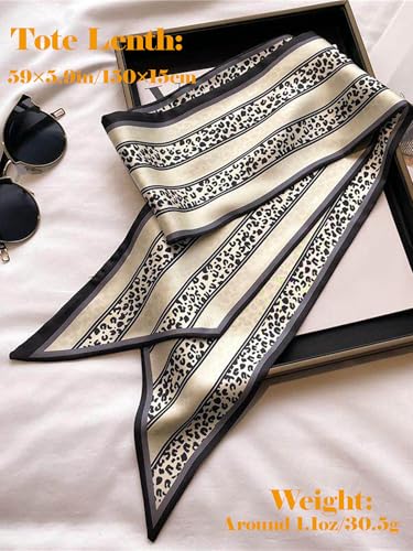 kcctoo 59" Mulberry Silk Like Head Scarf Women's Fashion Square Neck Satin Scarfs for Bag Hair Scarves Gift 59 * 5.9” - color: B008-cream Leopard Stripe Scarf