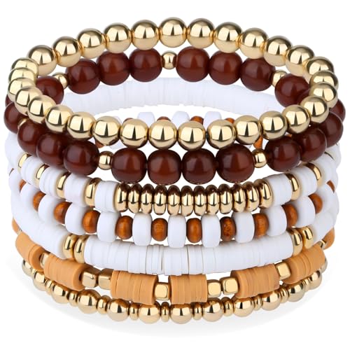 XIANNVXI 7pc Heishi Clay Bead Bracelets for Women Gold Plated Beaded Bohemian Stackable 6.8In Stretch Bracelets Elastic Layering Friendship Jewelry Boho Gift Set - color: Light Brown