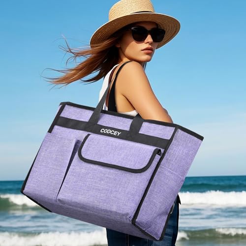 Large Utility Tote Bag with Reinforced Bottom, Waterproof Multi Pockets Beach Tote Bag for Travel, Work, School - color: Purple