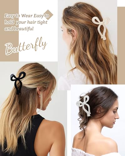 Mesovor 4 Pack Elegant Bow Hair Claw Clips, Nonslip 4.3" Large Hair Grip Hairclips for Thin and Thick | Acrylic Hair Strong Hold Hair Jaw Clamps (Mermaid Crack, Black) - color: Mermaid Crack, Black