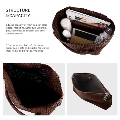Woven Tote Bag Womens Purse Vegan Leather Shoulder Handbags Fashion Summer Beach Tote Bags Large Travel Totes - color: Coffee
