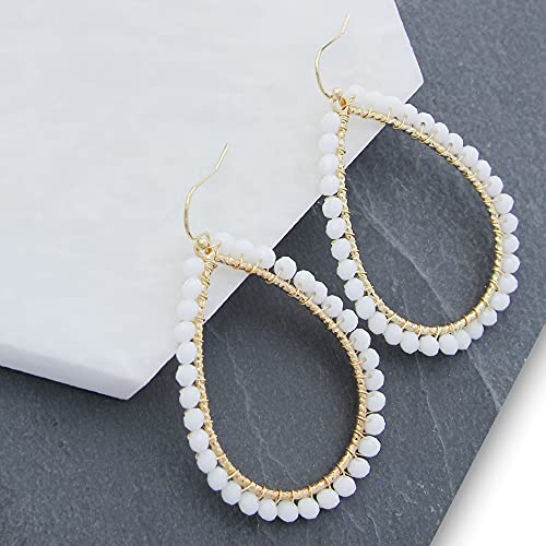 Bohemian Boho Teardrop Dangle Drop Earrings for Women – Delicate - Handcrafted Wire Wrapped Colorful Faceted Glass Beads – Gold Plated – with Gift Box Included - color: White Opal