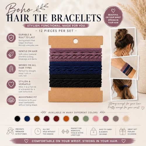Elm City Direct 12pcs Hair Tie Bracelets, Boho Hair Ties for Women, Elastic Hair Bands for Ponytails (Gray) - color: Gray