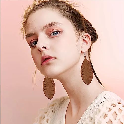 Large Genuine Soft leaf Leather Handmade Fringe Tassel Feather Lightweight Tear Drop Dangle Color Earrings for Women - color: Brown