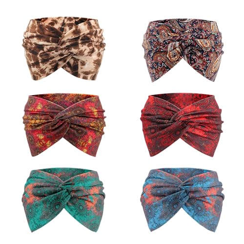 DRESHOW 6 Pack Extra Wide Headbands for Women Large Turban Headband Boho Head Wrap Elastic Hairbands Hair Twisted Knot Hair Accessories - color: 6 Pack Knotted: Patterned a