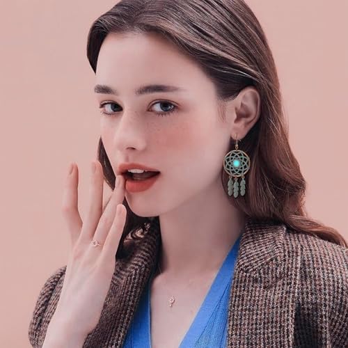 Boho Turquoise Drop Earrings Retro Long Copper Feather Tasse Metal Leaf Dangle Earrings Vintage Country Western Jewelry Cowgirl Ethnic Style Geometric Concert Festival Accessories for Women - color: Green Feather