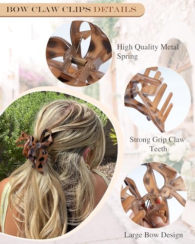 4 PCS Bow Hair Clips Bow Claw Clip for Women, Large Hair Claw Clips for Thin Thick Long Hair Cute Nonslip Bows (Black+Leopard Dark Brown+Leopard Light Brown+Gray) - color: Black+Leopard Dark Brown+Leopard Light Brown+Gray