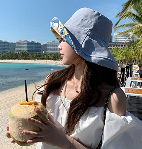 HUAMULAN Women Summer Sun Hat Wide Brim Wired Edge Floral Beach Bucket Hats Reversible Foldable Travel UV Protection Lady Hat - color: M1744-lightblue