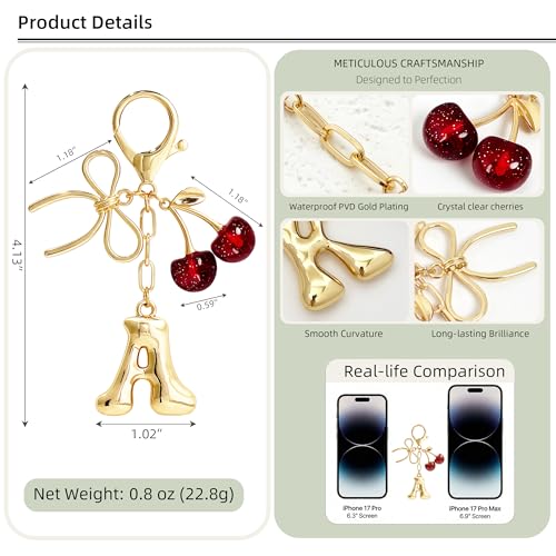 Cute Initial Cherry, Bow, Heart & More Styles - Personalized Keychain Bag Charms & Purse Accessories for Handbags - color: Red Cherry, style: A