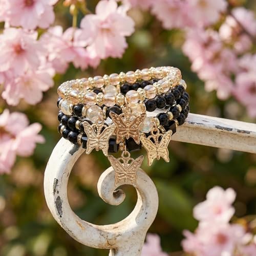 Bohemian Bracelet Sets for Women - 4-Pack Stackable Stretch Bead Bracelets with Black＆White Crystal & Gold Accessories, Multi-Layer Boho Jewelry - color: black butterfly