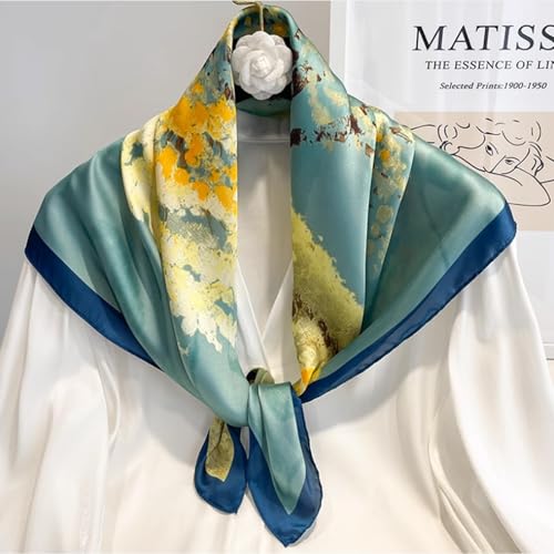 Sumolux Head Hair Scarf for Women Like Satin Silk Scarf Bandana Hair Wrapping Night Large Square Scarves 27.5" - color: Blue Oil Painting
