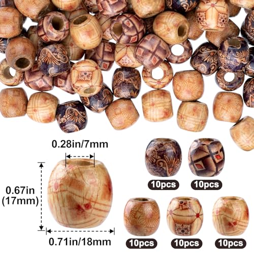 Pndeyo 50pcs Wooden Beads for Crafts, Round Large Hole Natural Wood Hair Bead, Vintage Wooden Spacer Beads for Macrame Necklace Bracelet DIY Craft Handmade Decor - color: Brown,50pcs,C Style
