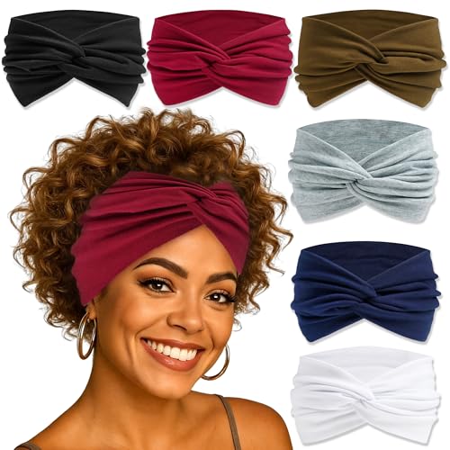 6 Pack Women Headbands African Wide Hair Wrap Boho Knotted Turban Head Bands for Lady Yoga Sport Workout Stretch Elastic Non-slip Hair Bands for Women - color: SolidColor-2