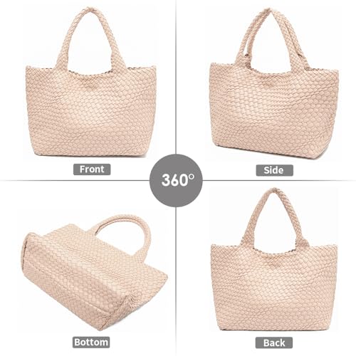 Handmade Woven Tote Bag for Women, Soft Vegan Leather Shoulder Bag with Purse, Large Travel Handbag - color: Nude-beige