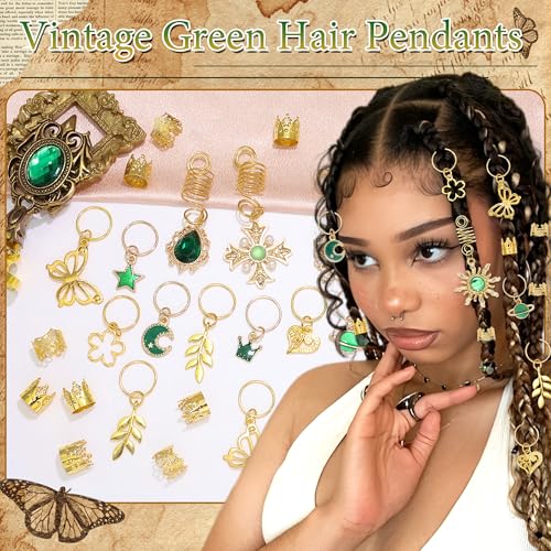36PCS Hair Jewelry Green Crystal Loc Charms Butterfly Braids Clips Heart Dreadlock Hair Pendant Gold Hair Cuffs Rings Metal Braids Accessories - color: Green