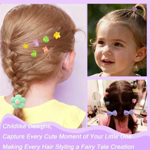 300 PCS Hair Ties Set Baby Toddlers, No Damage Baby Hair Ties, Mini Claw Clips, Flower Bow Elastic Scrunchies, Multi color Colorful Elastic Hair Ponytail Holder Hair Accessories for Baby Girls Kids