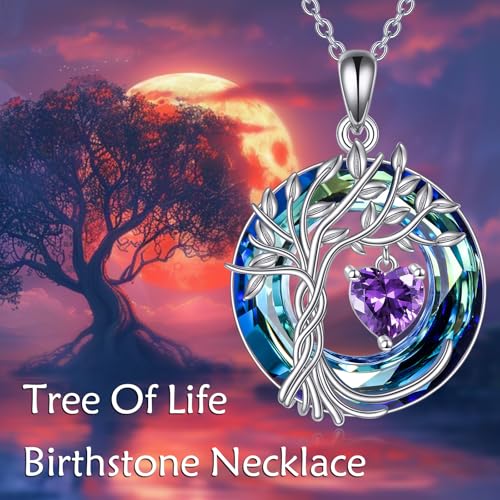POPLYKE Mothers Day Gifts for Mom Her Wife Tree of Life Necklace 925 Sterling Silver Birthstone Pendant with Crystal Anniversary Birthday Wedding Jewelry for Women - color: 02-Feb-Amethyst, style: White Gold Plated-Blue Crystal