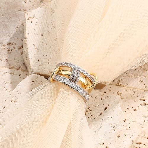 PATISORNA Gold Stackable Rings for Women Non Tarnish 18K Gold Plated Interlocked Stack Rings Set Silver Gold Mixed Metals Multi Ring Statement Thumb Rings Cubic Zirconia Connected Bands Fashion Jewelry Gifts - color: Three Circles Bands & CZ