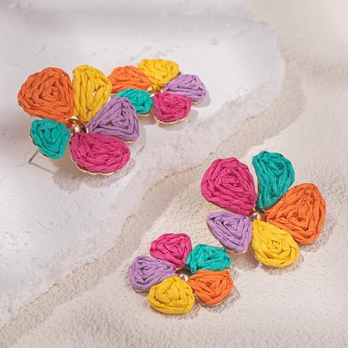 Boho Flower Earrings Statement Raffia Dangle Earrings Cute Floral Jewelry Trendy Summer Beach Vacation Outfits for Women - color: Colorful