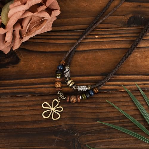 Mikovivi Multi-Layer Wood Bead Necklace with Hollow Flower Earrings, Boho Hippie Necklaces Unisex Bohemian Jewelry for Men Women - style: style 1
