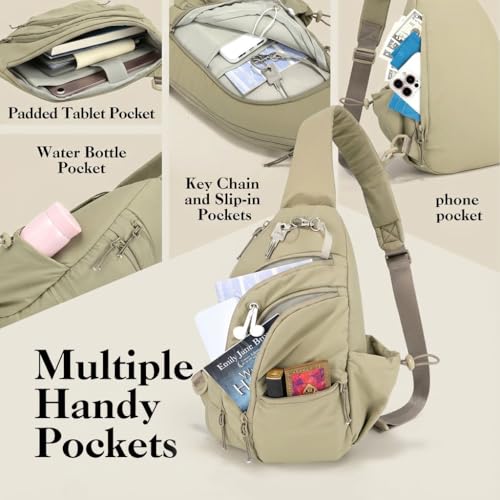 Sling Bag for Women, Anti-Theft RFID Nylon Crossbody Purse with Adjustable Strap for Travel & Shopping - color: Khaki