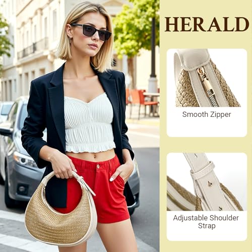 Herald Straw Crossbody Bag for Women Beach Woven Hobo Handbag Summer Chic Crescent Shoulder Purses with Adjustable Strap - color: Beige