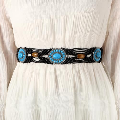 WHIPPY Boho Turquoise Belt for Women Wax Rope Braided Waist Belt Western Hand-Woven Bead Tassel Belts for Dress, 2” Wide - color: Black