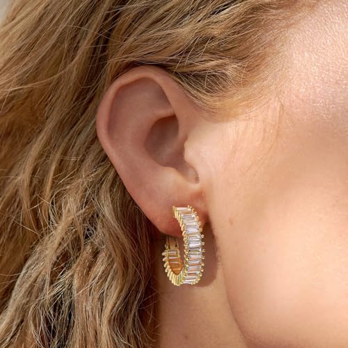 Trendy 14K Gold Plated Hoop Earrings for Women, Chunky Gold/Silver Earrings for Women Cubic Zirconia Baguette Hoop Earrings Heart Hoops Lightweight Hypoallergenic Jewelry,25mm/35mm/40mm/50mm - color: 01 Gold CZ Hoops 25mm