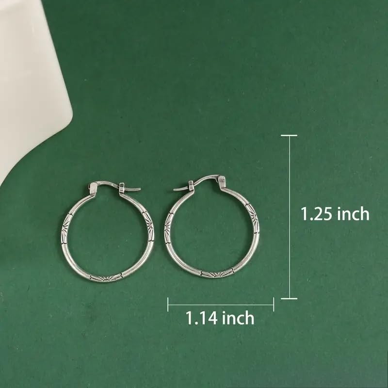 1Pair Fashion Vintage Engraved Sunburst Big Circle Earrings for Women Daily Casual Party Wear Simple Silvery Hoop Earrings - color: silvery